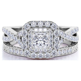 1.25 ct - Square Moissanite - Double Halo - Twisted Band - Vintage Inspired - Pave - Wedding Ring Set in 18K White Gold over Silver